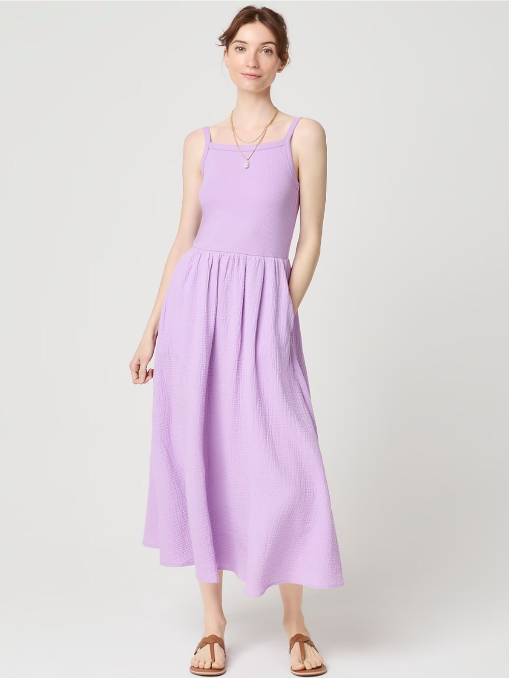 J. Crew | Bright Lilac Purple Gauze Mixed-Media  Sleeveless Midi Dress